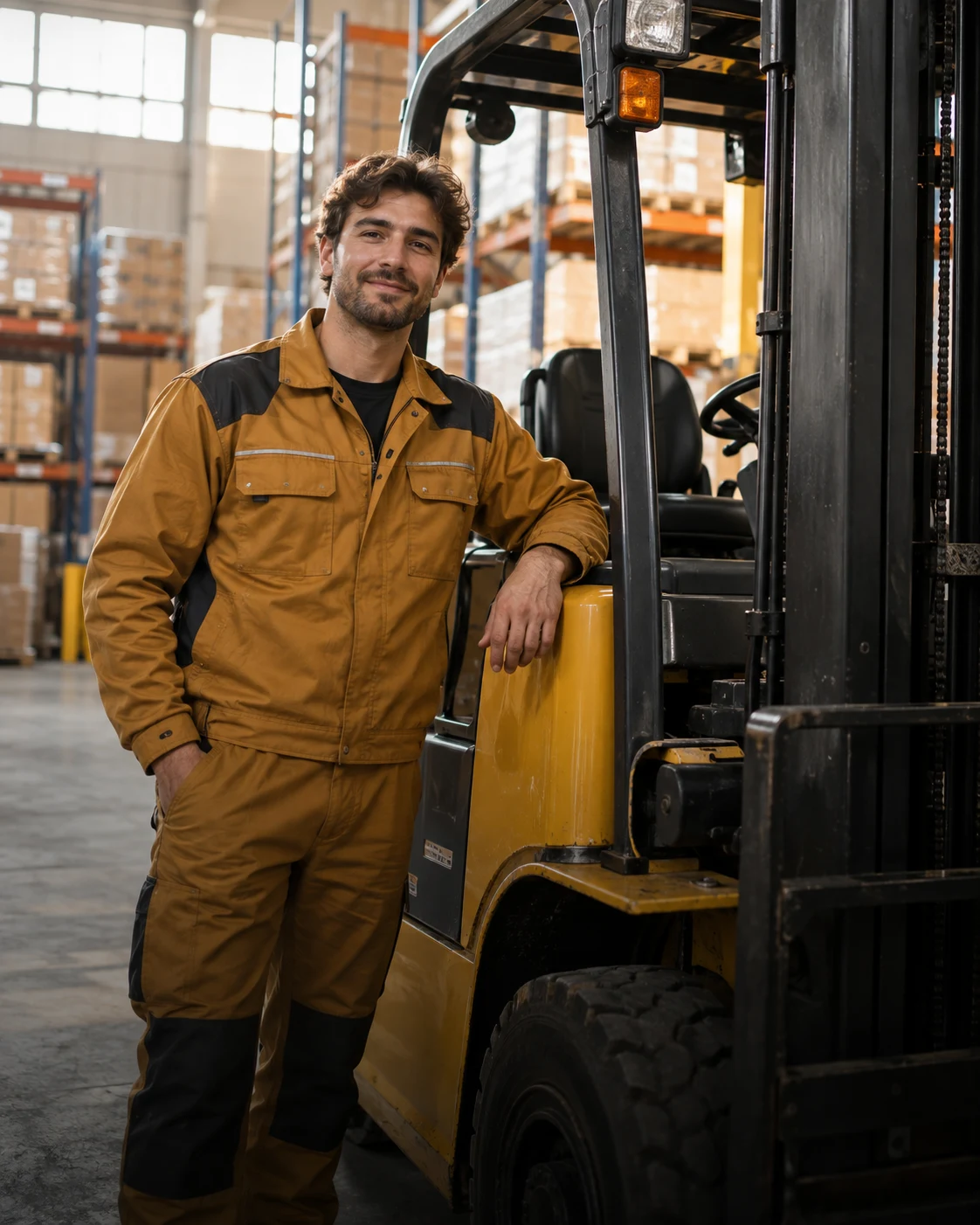 Profesional de logística en un almacén con carretilla