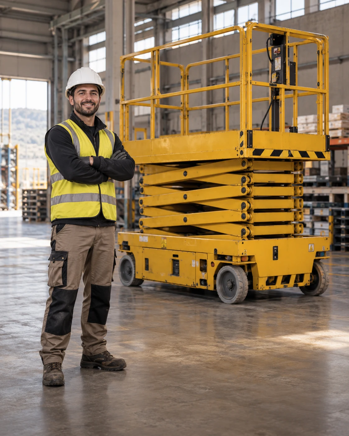 Profesional con casco junto a una plataforma elevadora