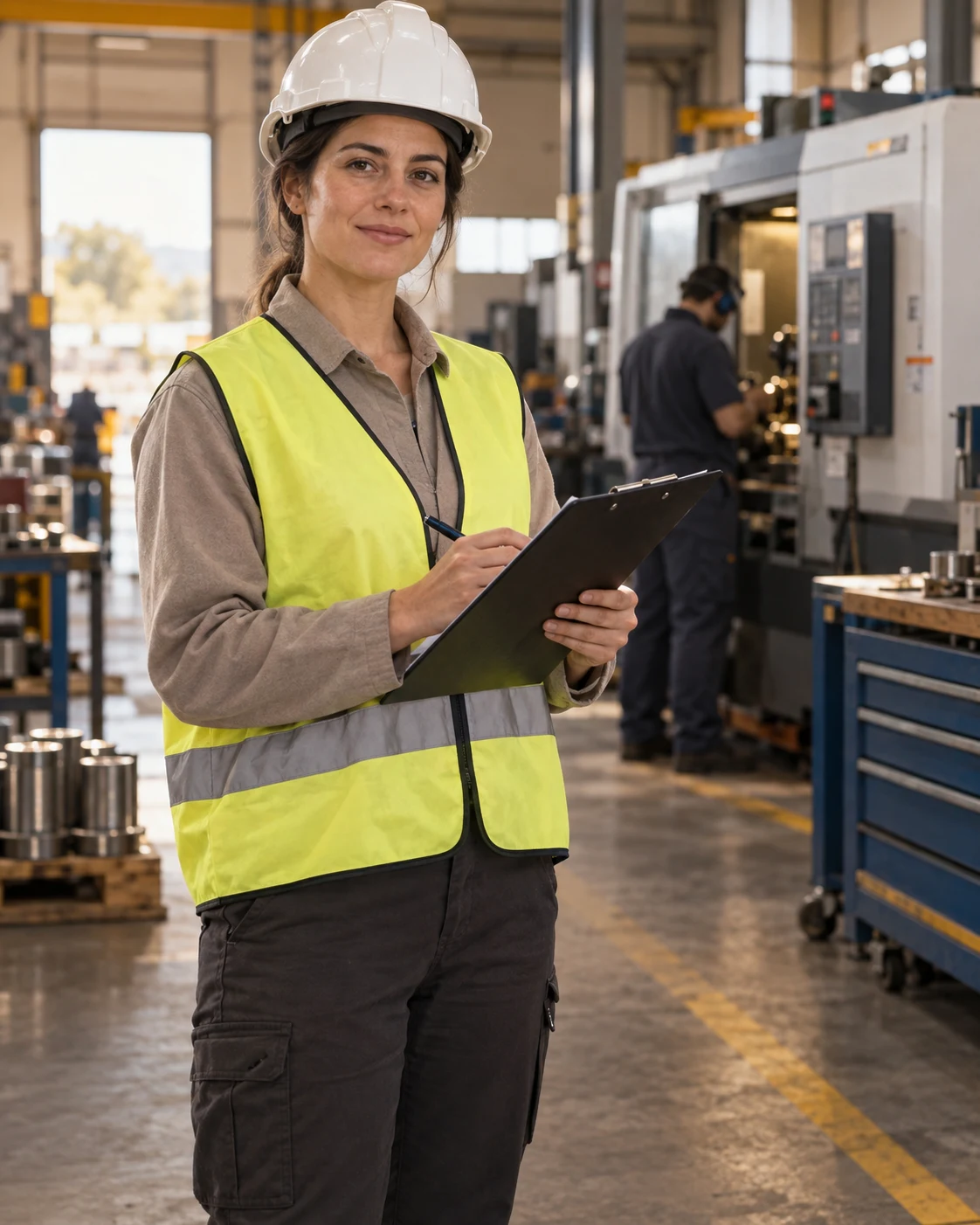 Profesional de prevención con casco en una instalación industrial