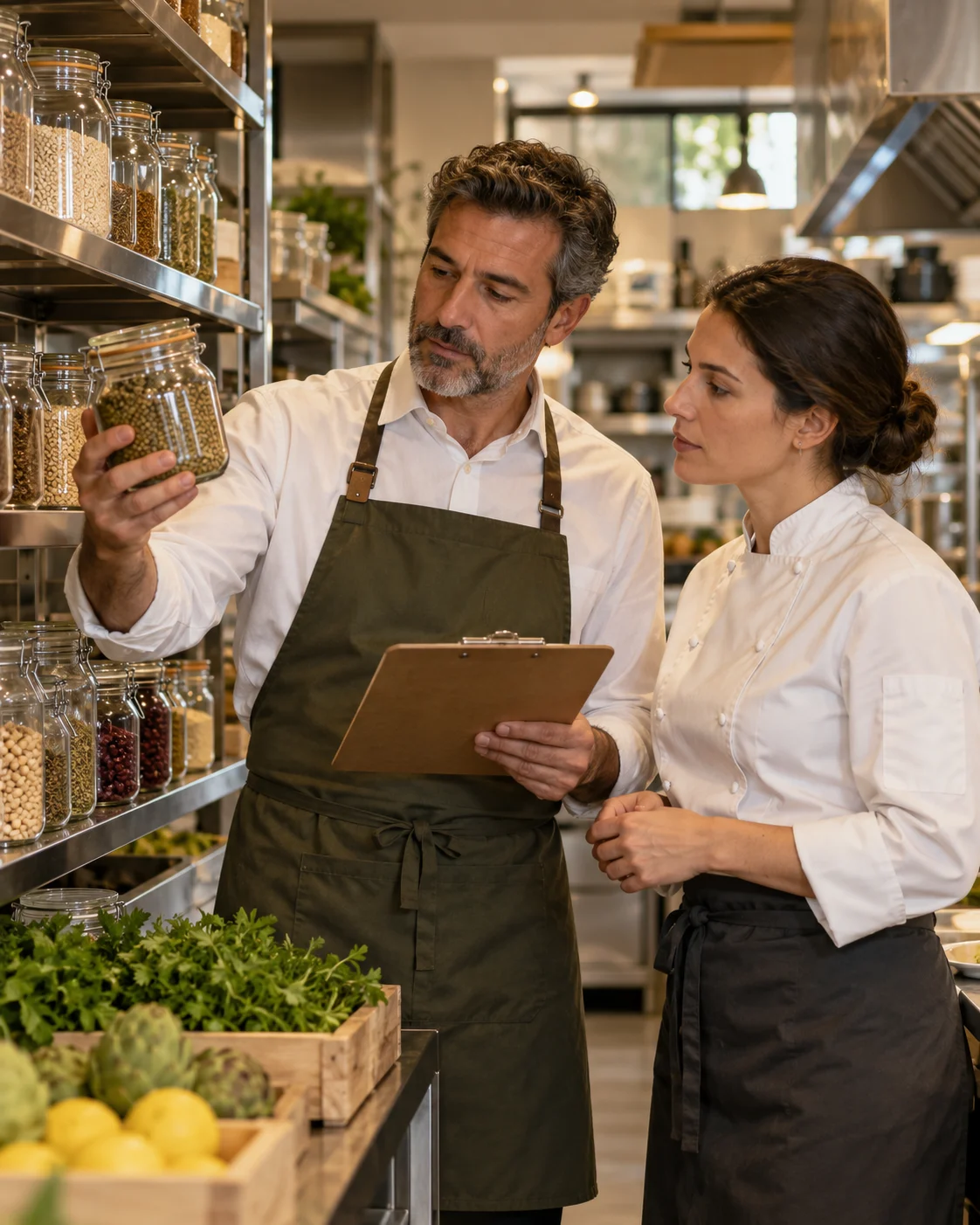 Responsable de cocina revisando ingredientes con una chef