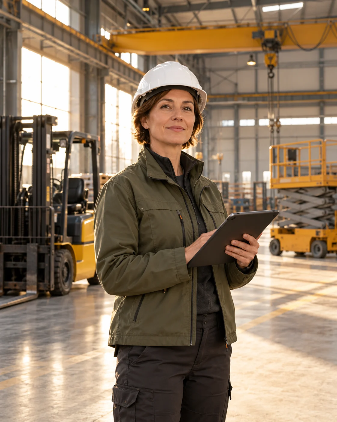 Supervisora de maquinaria con una tableta en una nave industrial