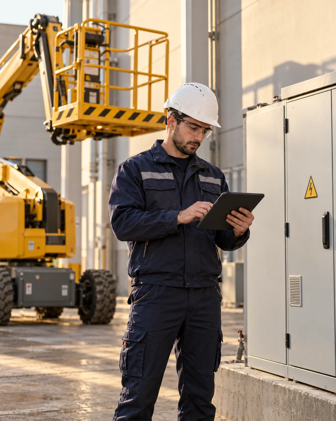 Técnico de mantenimiento junto a una plataforma y un cuadro eléctrico