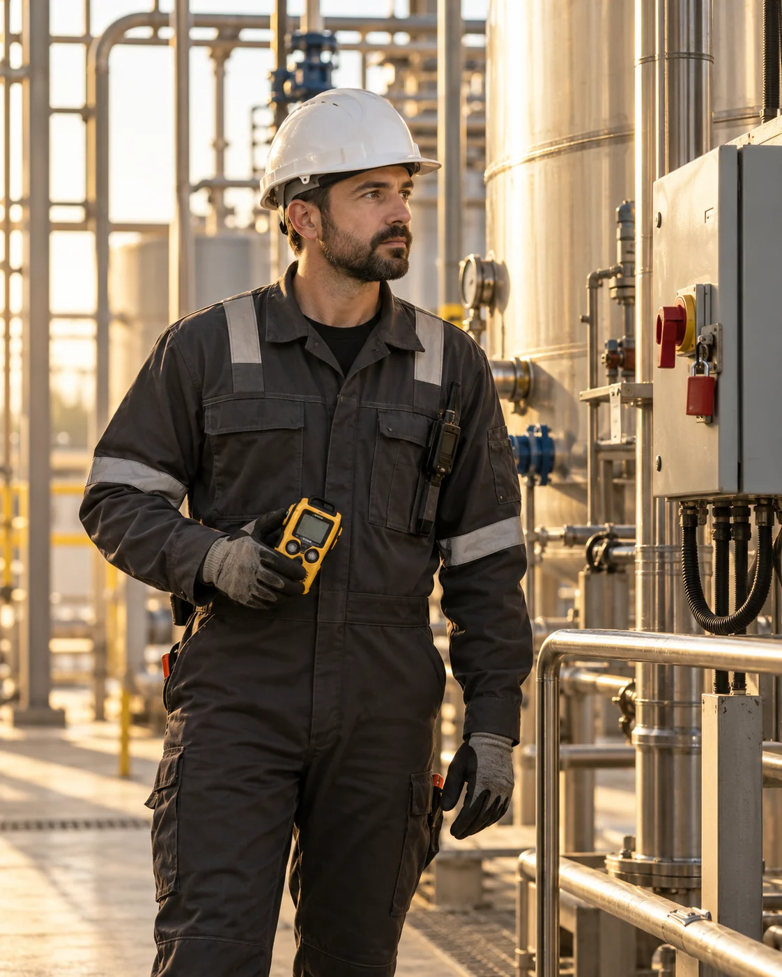 Técnico con detector de gases junto a un depósito y un cuadro eléctrico