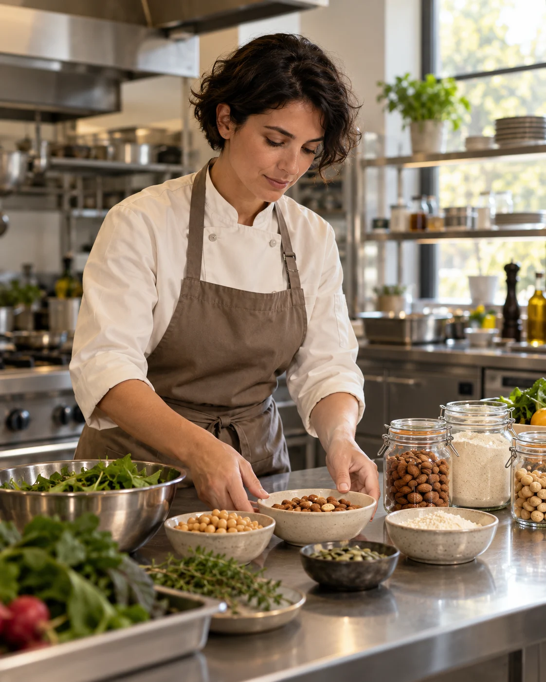Chef organizando ingredientes separados en una cocina profesional