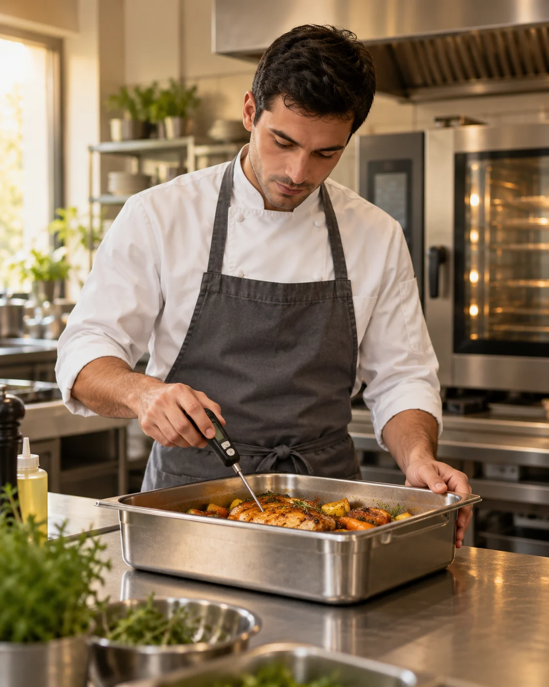 Cocinero comprobando la temperatura de los alimentos