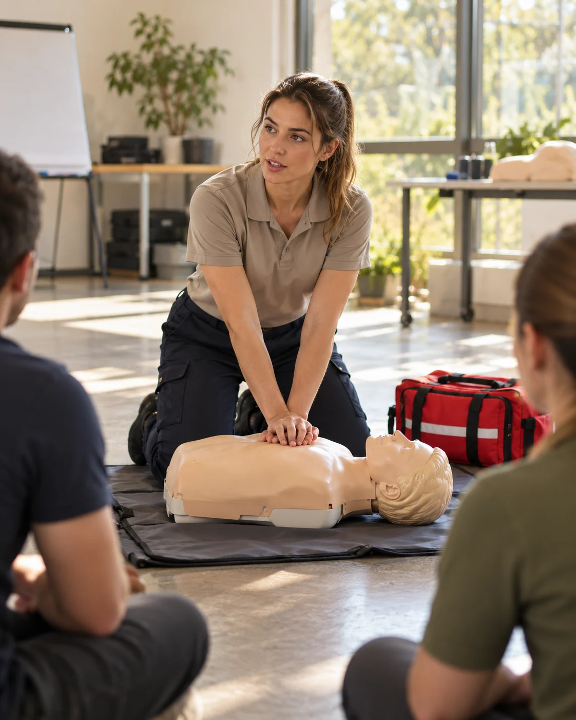 Instructora enseñando reanimación con un maniquí de primeros auxilios