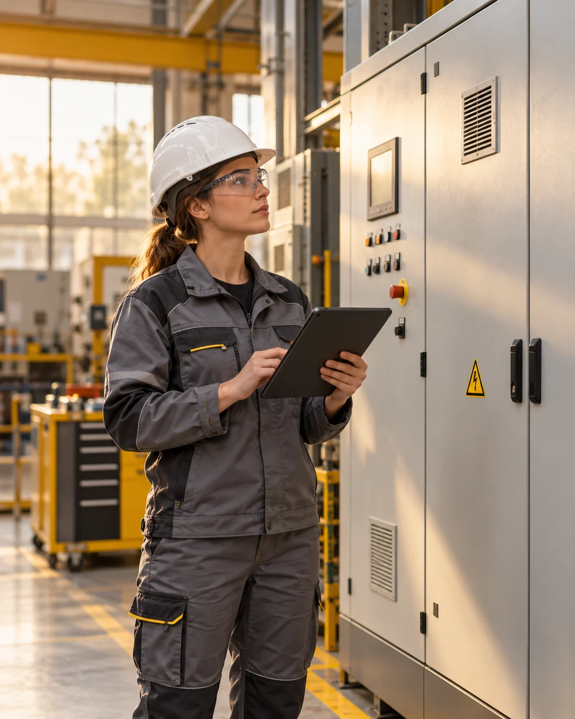 Técnica electricista revisando un cuadro eléctrico cerrado