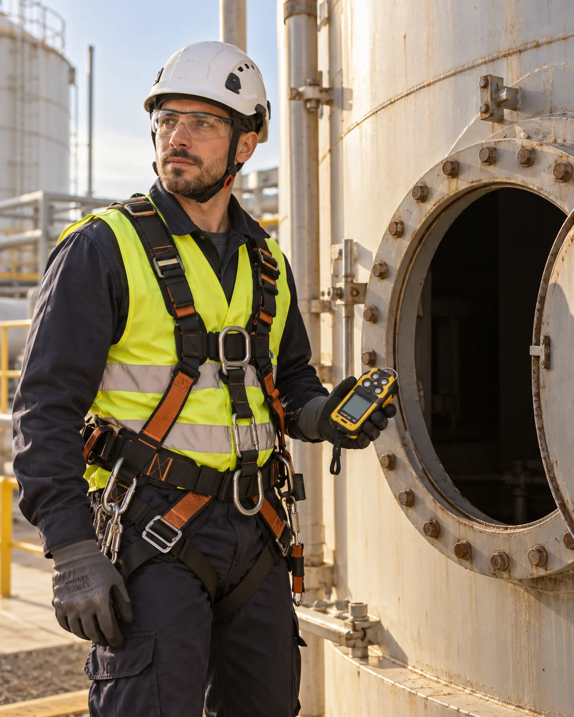 Técnico con detector de gases junto a un acceso a un depósito industrial
